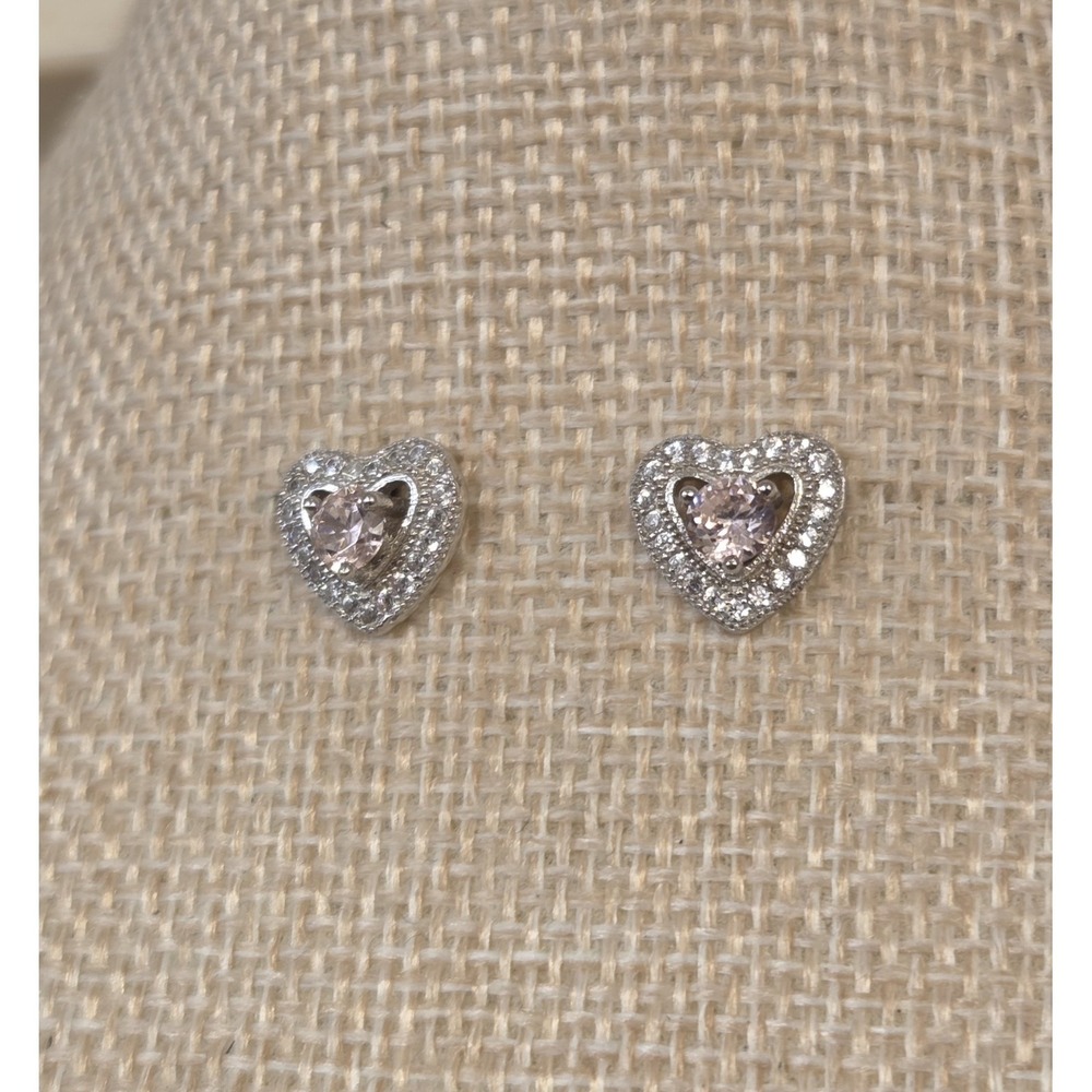 Sterling Silver, Pink‎ Topaz, & Crystal Heart Stud Earrings 925